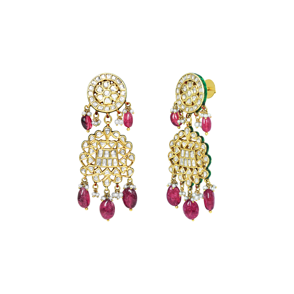 Polki Earrings with Tourmaline Drops and Pearls
